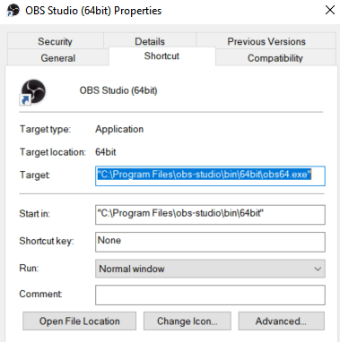 OBS Studio (64bit) Properties Windows Stortcut Screeshot